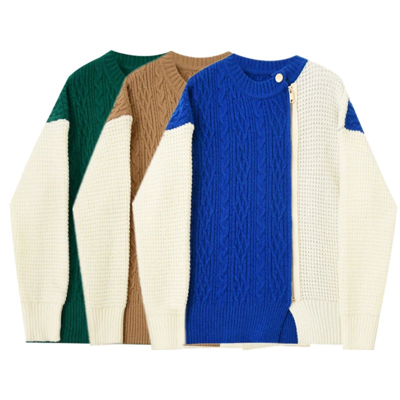 Женский вязаный свитер на молнии Свободный пуловер контрастных цветов с