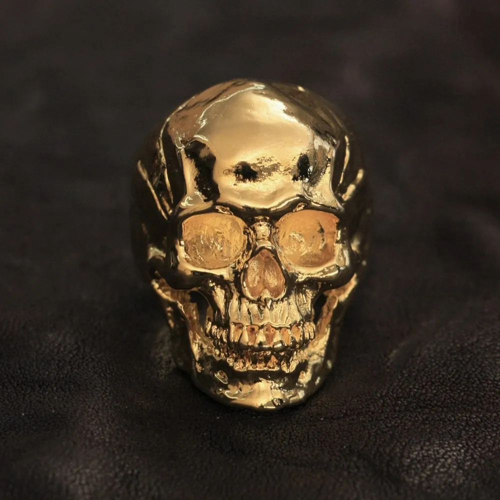 LINSION высокая Детализация позолоченное Латунное мужское кольцо в виде черепа