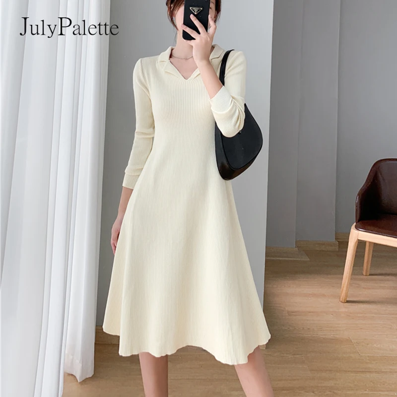 

Julypalette Korean Solid Knitted A-line Dress 2021 Autumn Winter Full Sleeve Slim Sweater Dress Elegant Ladies Midi Dress New