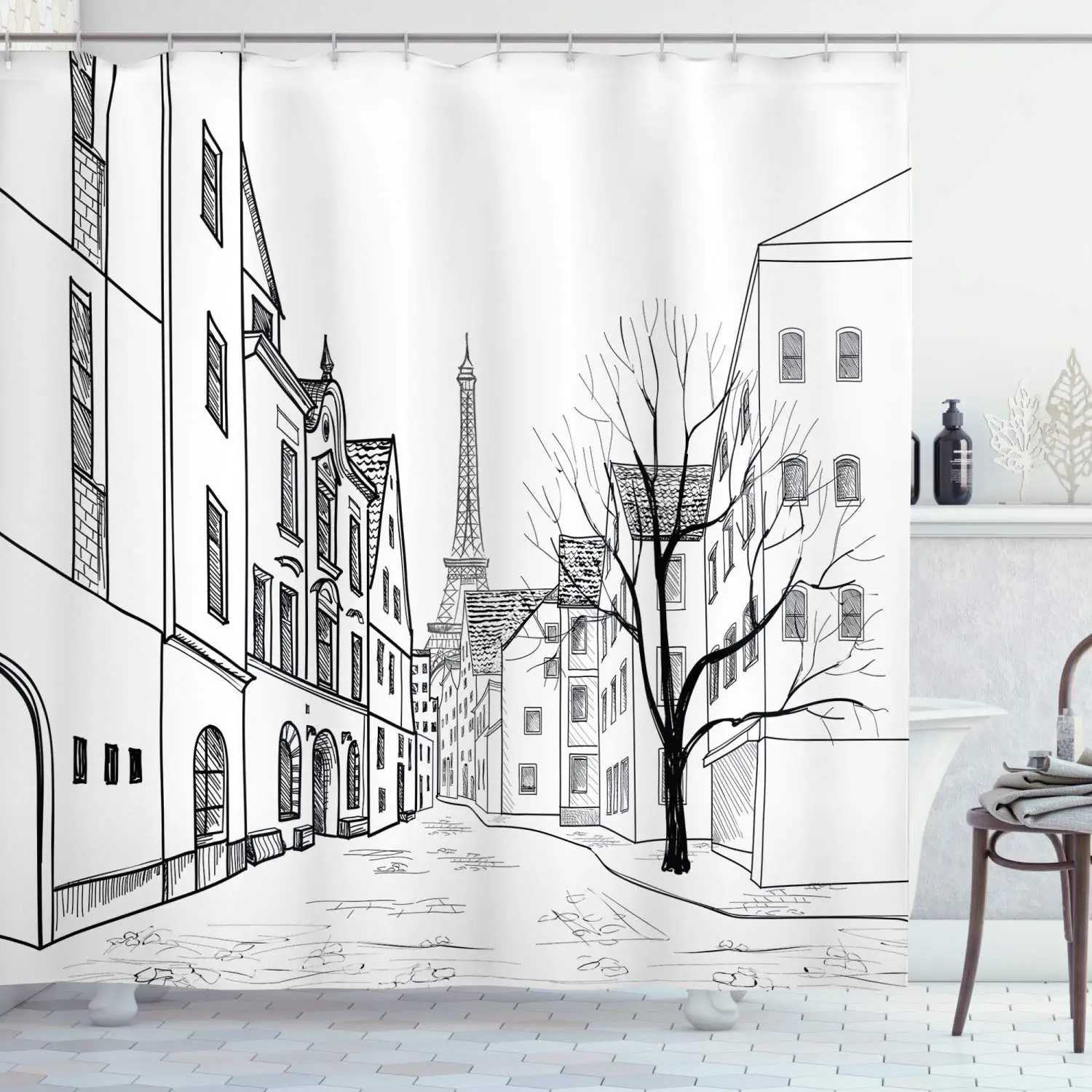 

Cityscape Shower Curtain Paris Street with Houses Buildings and Tree on Alleyway Eiffel Tower Background Cloth Bathroom Decor