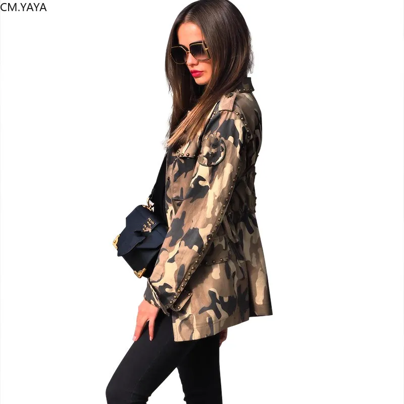 Autumn Winter Women Jackets Fashion Camouflage Print Rivet Coat Street Full Sleeve Jacket Casual Plus Size Fall Outer 19460 | Женская