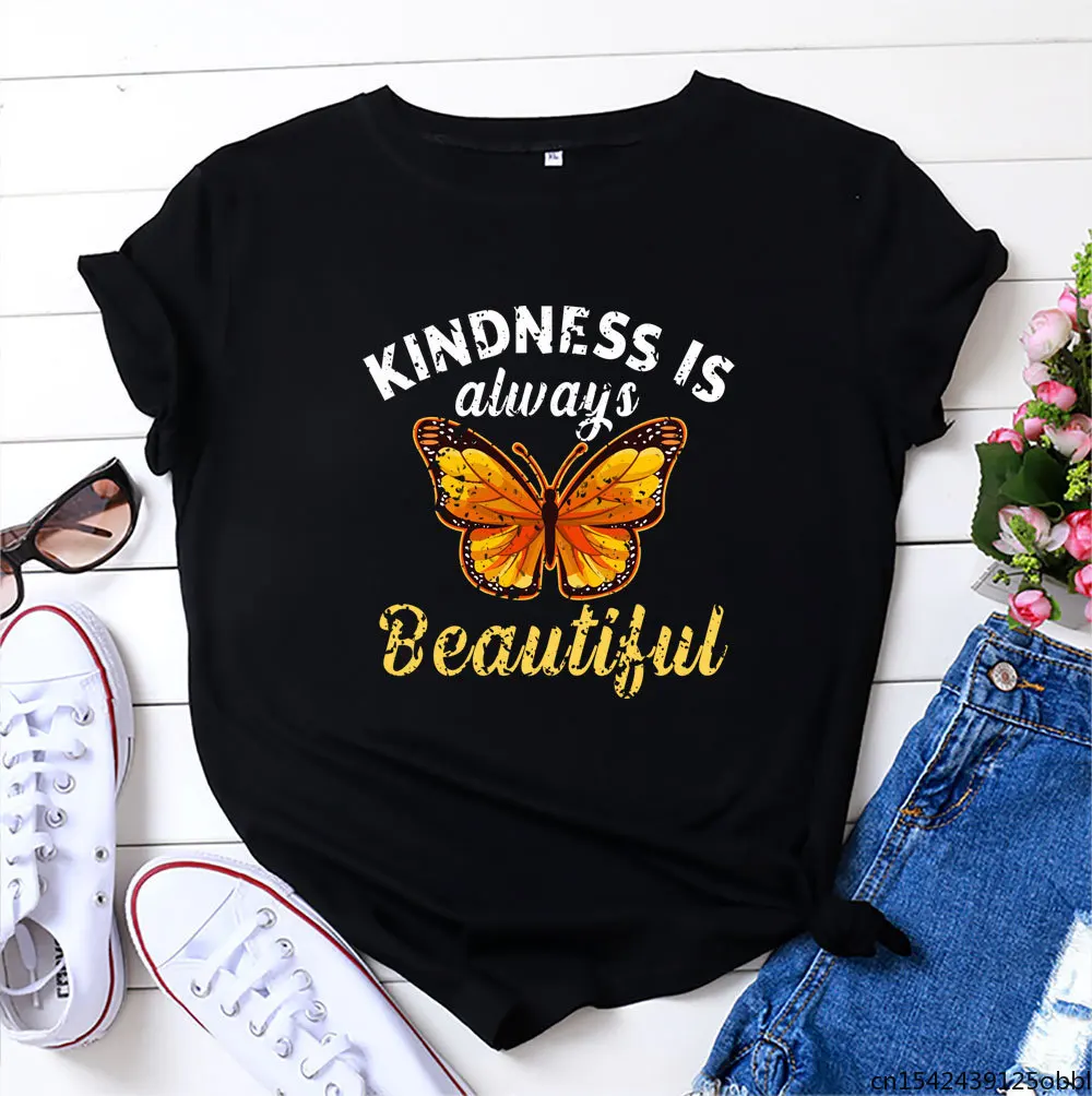 

Women T-shirt New Butterfly Letter Print O Neck Short Sleeve Fashion Clothing Kawaii Tops
