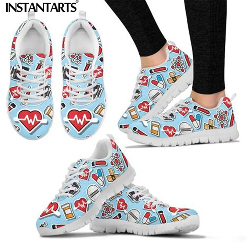 

INSTANTARTS Casual Women's Nurse Flats Shoes Healthcare Medicine Mesh Sneakers Ladies Shoes Woman Lace Up Girls Zapatos de Mujer