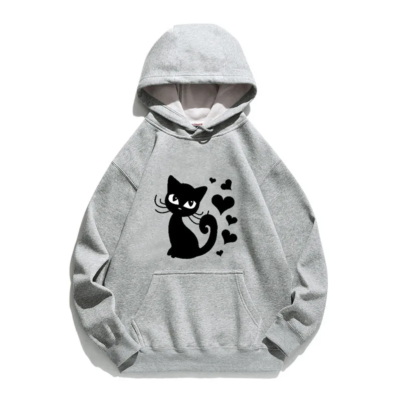 

Women Hoodie Love Black Cat Printed Hoodies Women Fleece Long Sleeve Loose Sweatshirt with Hat Girls Pullovers Winter