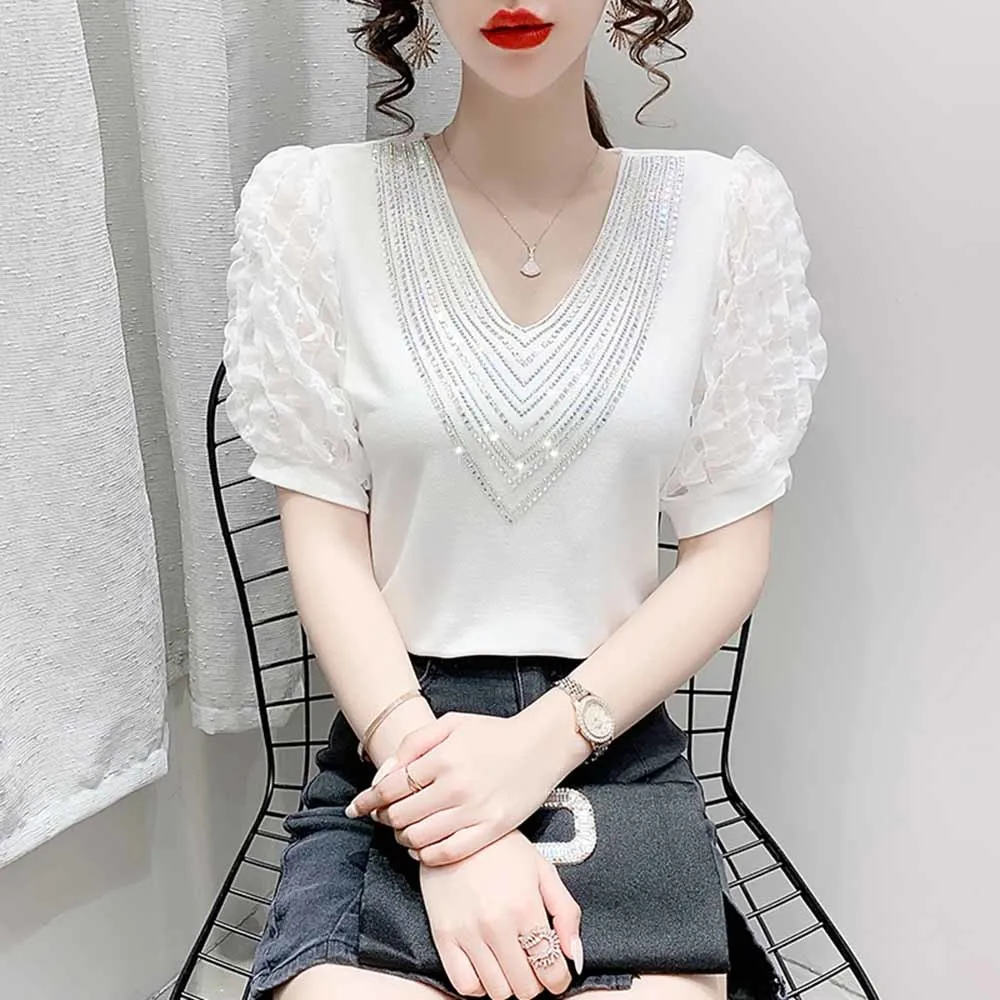 

Sexy Rhinestone V-neck T-shirt Women's Short Puff sleeve 2021 Summer New Korean Style Slim Fit Tees Female Top Black White