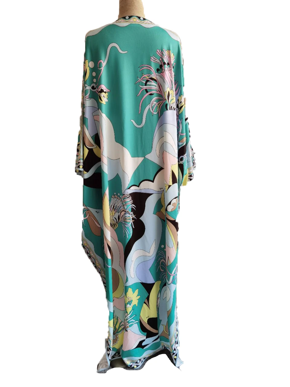 Casual Floral Printed Boho silk Cafatn long dress Runway Women's Batwing sleeve Loose Silk kaftan maxi dress for women