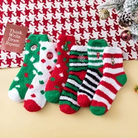 fashion women christmas stripe coral velvet socks cute funny thick girls winter floor socks lovely cartoon warm plush sleep sox