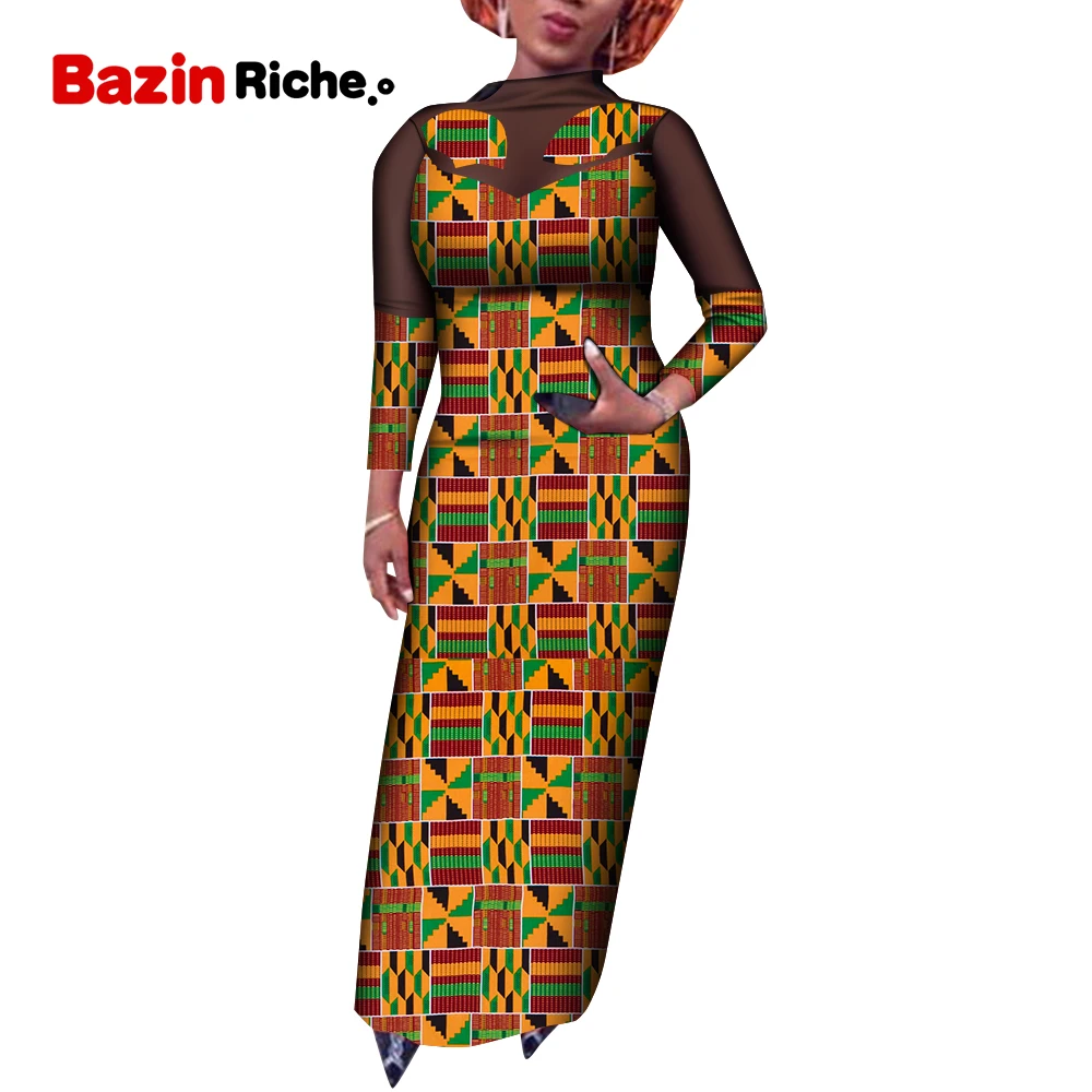 

African Women Dress for Wedding Long Sleeve Straight Skirt Sexy Round Neck Evening Party Clothing WY9176