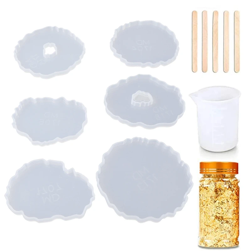 

97QE Crystal Epoxy Resin Mold Coaster Irregular Wave Cup Pad Casting Silicone Mould with Foil Flakes Measure Cup Wood Sticks