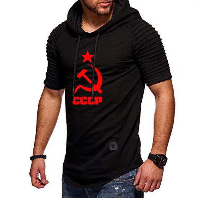 Футболка мужская летняя хлопковая со складками модная тенниска с капюшоном и