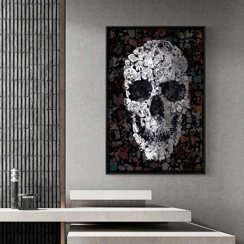 Картина на холсте Рисунок каракули череп черно-белые настенные художественные