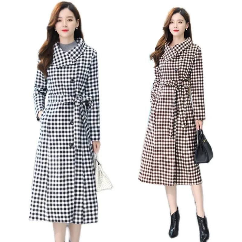 

Coat Woolen Coat Female 2020 Autumn and Winter Women's Clothing New Younger Fashion Thin Houndstooth Thickened Long Section