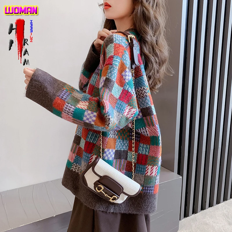 

Retro Pullover for Women 'S Outer Wear Knit Sweater Pull Femme 2021 New Contrasting Color Plaid Lazy Wind Loose Autumn Winter