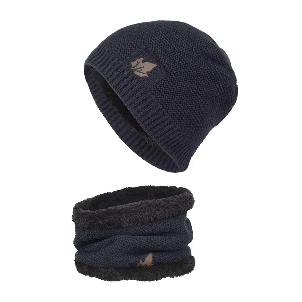 Navy Set RoxCober, новинка, вязаные шапки Skullies, шапка с воротником, снуд для мужчин и женщин, береты-кепки Gorros, Мужская теплая однотонная зимняя шапка, шапка, комплект - Цвет: Navy Set