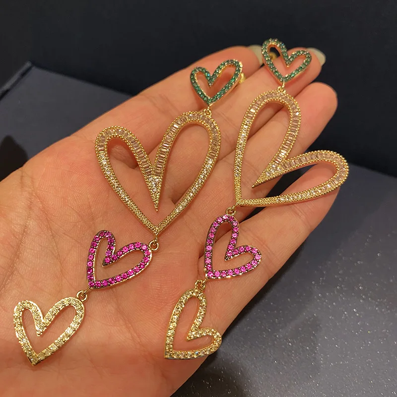 

Роскошные пастельные серьги в форме сердца с крупными цветными фианитами для женщин, длинные Индивидуальные модные украшения