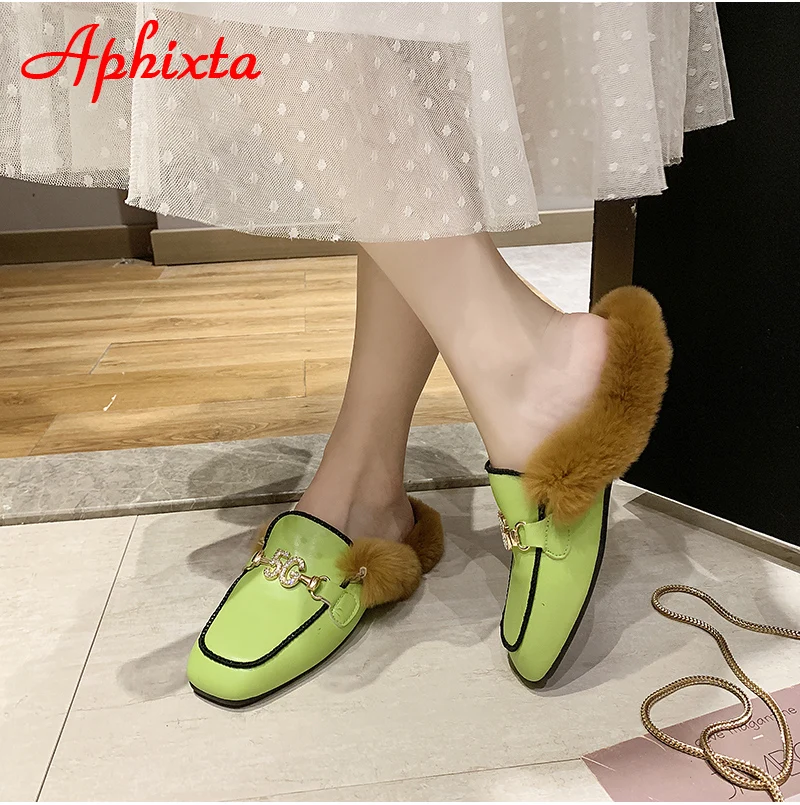 Aphixta/тапочки на Плоском Каблуке; женская обувь; Роскошные шлепанцы на меху со змеиным принтом и металлическими украшениями; женская теплая обувь; Mujer