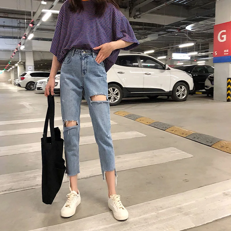 

spring and autumn Korean style trousers ripped jeans washed nine-point pants women's high-waist straight-leg pants