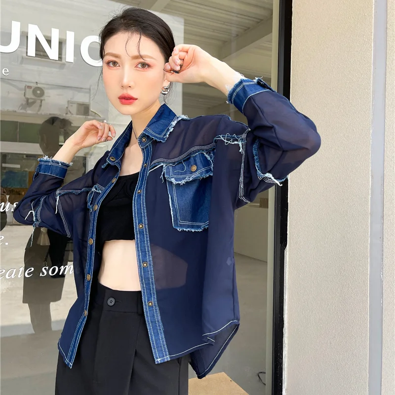 

Kimotimo Denim Patchwork Long Sleeve Shirts Women Minority Design 2021 Summer Vintage Loose Casual All-match Sun Protection Top