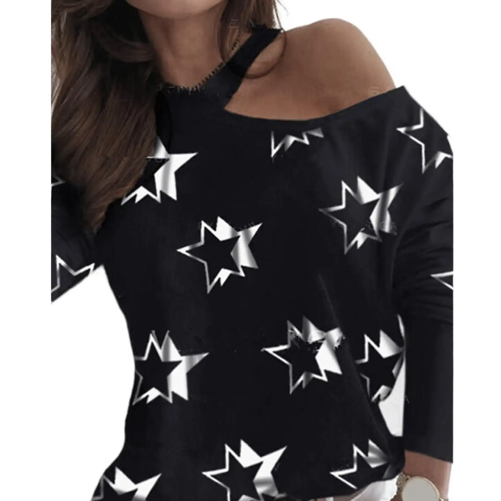 

Женские футболки с длинным рукавом, с принтом звезды на одно плечо с принтом пикантная Дизайнерская обувь синего, красного, черного цвета бл...
