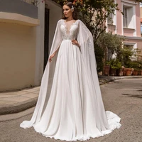 a line chiffon wedding dresses with cape 2021 sheer neckline lace appliques pleat sweep train backless civil bridal gown belt