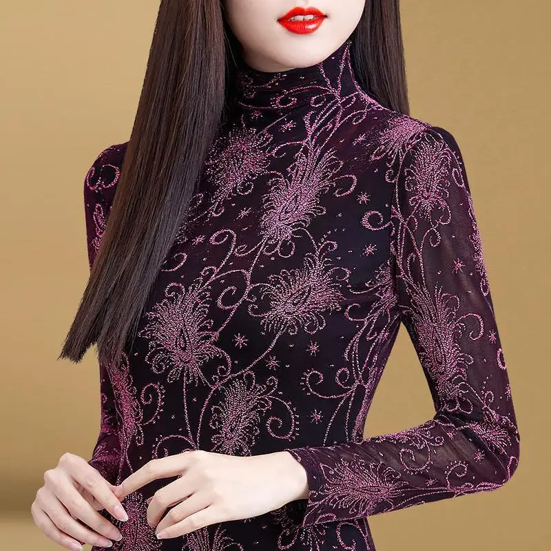 

Women's Spring Autumn Style Lace Blouse Shirt Women's Slim Turtleneck Embroidery Printed Long Sleeve Elegant Tops SP1200