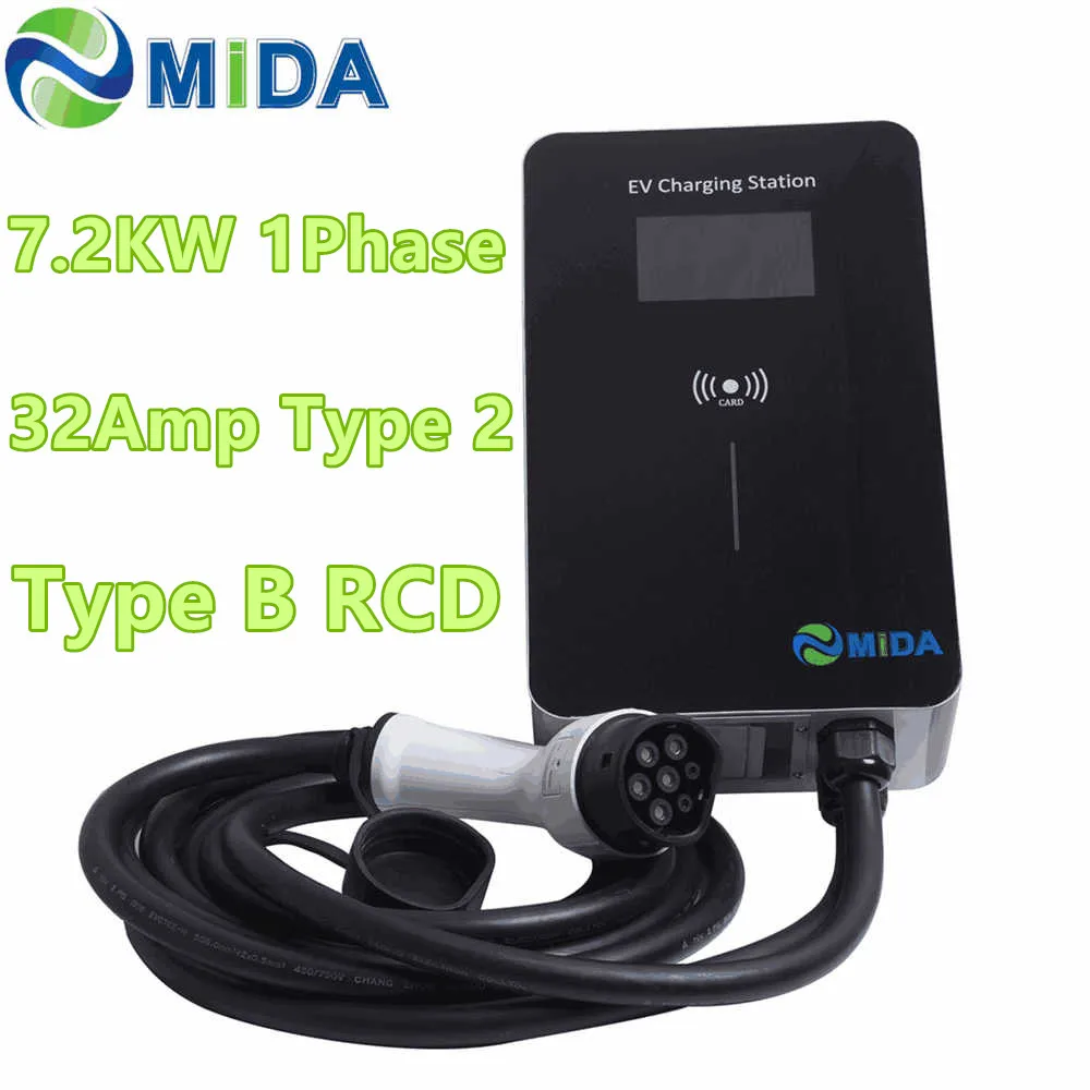 MIDA Wallbox 32Amp 7.2KW EV зарядная станция EVSE с 5M Type 2 зарядный кабель для электрического