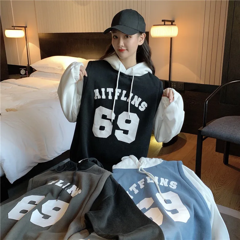 

2021 New Women's Hoodie Korean Fashion Sweet Letter Printing Stitching Loose Fake Two-piece Hooded Pullover Long-sleeved Clothes