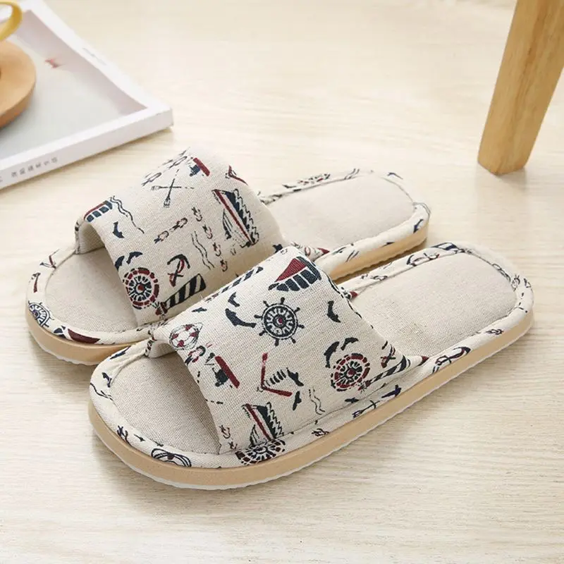 

2020 Women Men Cotton Linen Open Toe House Slippers Floral Iron Tower Print Indoor Comfort Slip-On Slide Anti Slip Shoes