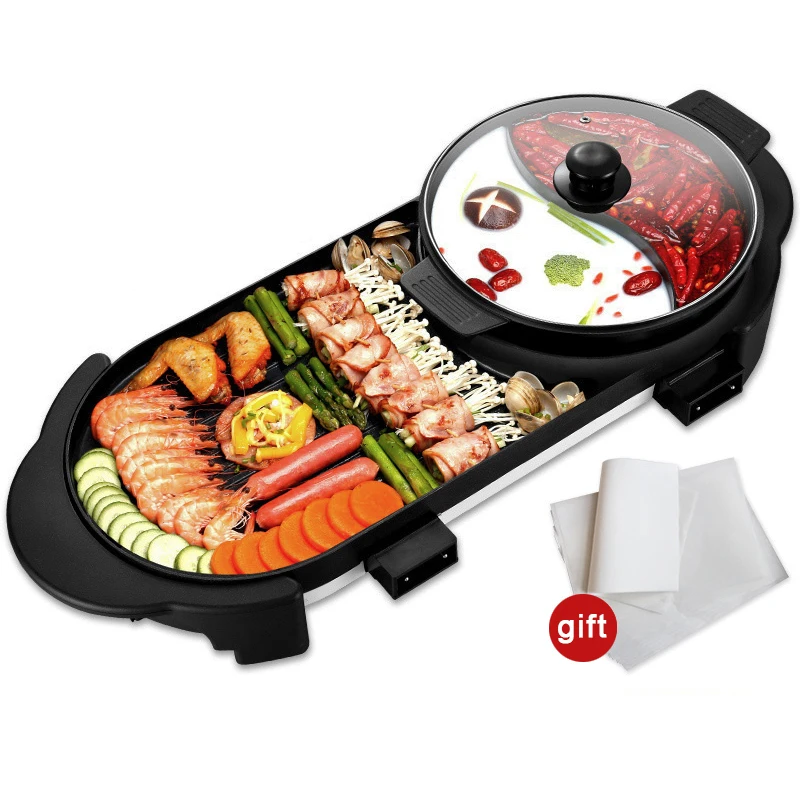 

Electric Heating BBQ Household Grill Disconnected Two flavor Hot Pot Smokeless Barbecue Machine Electric Oven Cabob Machine