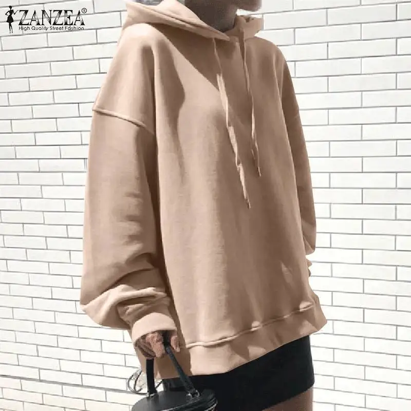

Women Loose Hooded Hoodies ZANZEA Vintage Long Sleeve Sweatshirt Women Casual Solid Work Pullover Female Oversize Blouse Outwear
