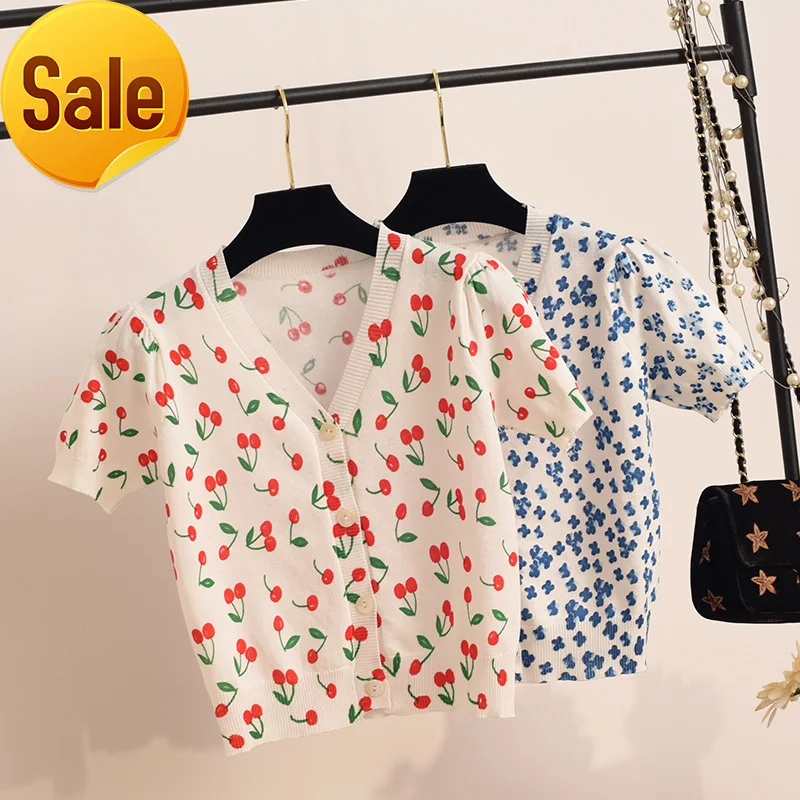 

Трикотажный кардиган, женское летнее тонкое пальто из вискозы, топ, Короткая шаль в виде вишни, рубашка для кондиционера, приталенный малень...