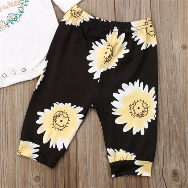 3pcs Newborn Clothes Set Bee Kids Letter Bodysuit Baby Rompers Outfits Sunflower Long Pants Hairbands Girls | Детская одежда и