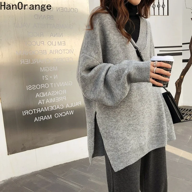 

HanOrange Женский вязаный пуловер кокон 2021 зимний свободный толстый свитер с разрезом Женский Повседневный однотонный с v-образным вырезом