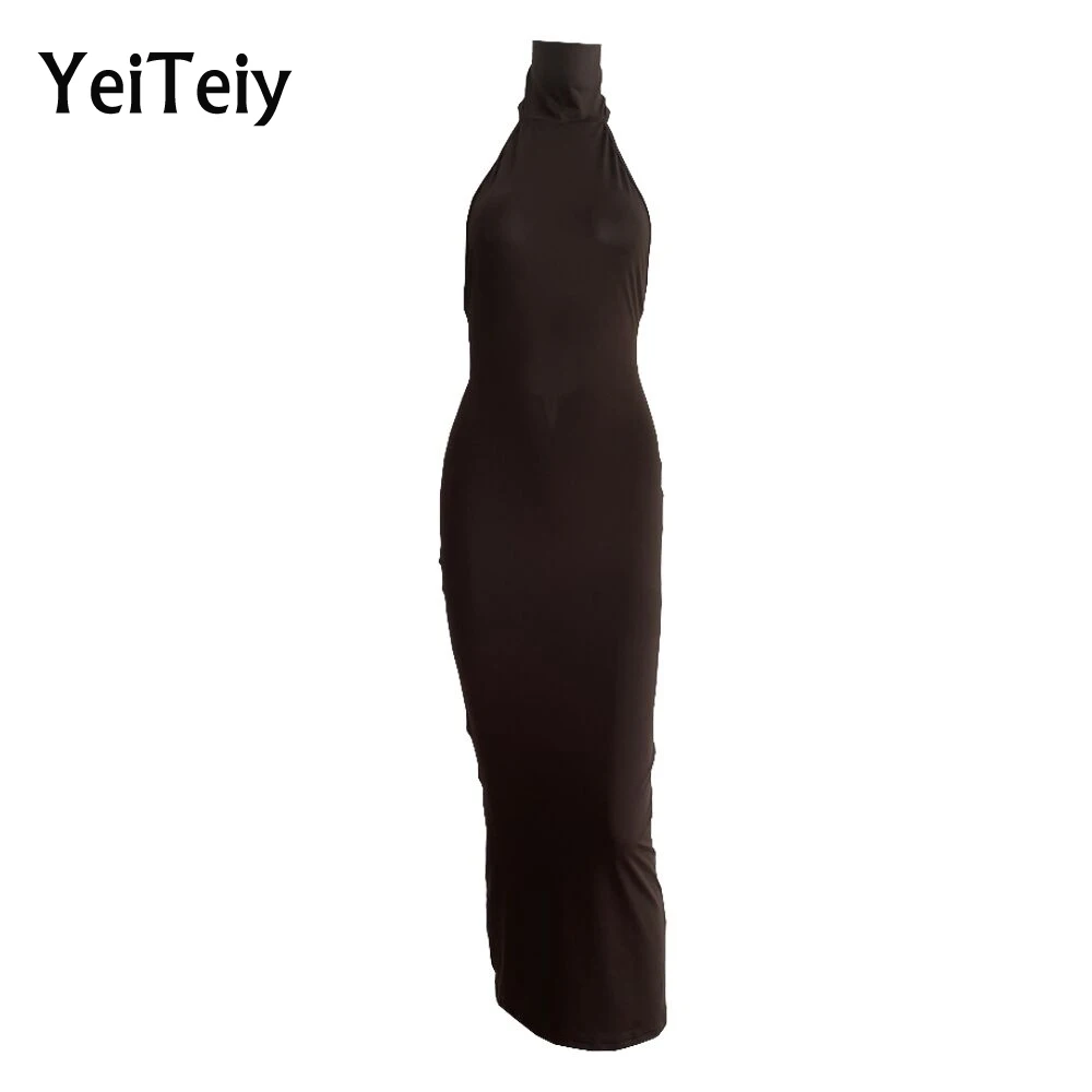 

Летняя однотонная простая длинная юбка Yeiteiy с высоким воротником и открытой спиной, тонкая женская одежда, модное сексуальное платье