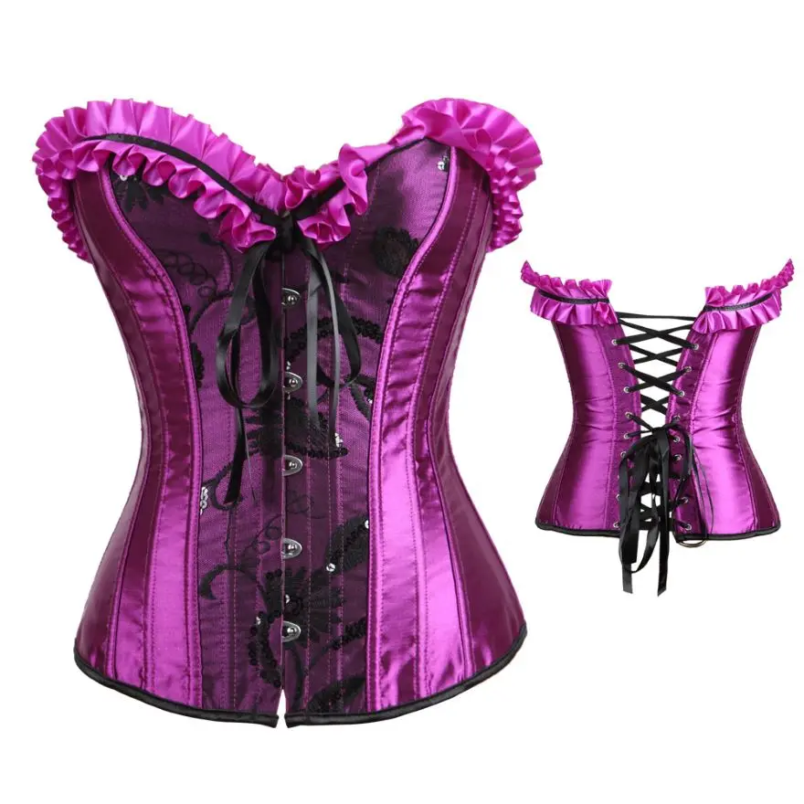 

Women Sexy Satin Floral Lace Up Overbust Corset Showgirl Waist Cincher Body Shaper Corset Bustier Lingerie Top Purple Plus Size