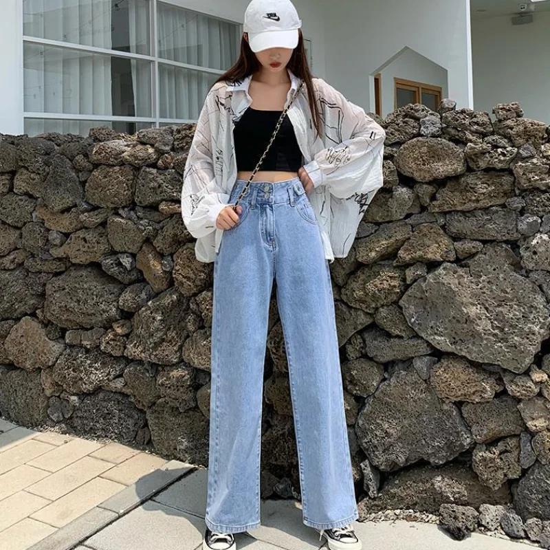 Джинсы женские с двумя пуговицами джинсы завышенной талией и широкими штанинами