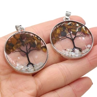 natural gem round tiger eye stone tree of life pendant handmade crafts diy necklace jewelry accessories gift making size 33x33mm