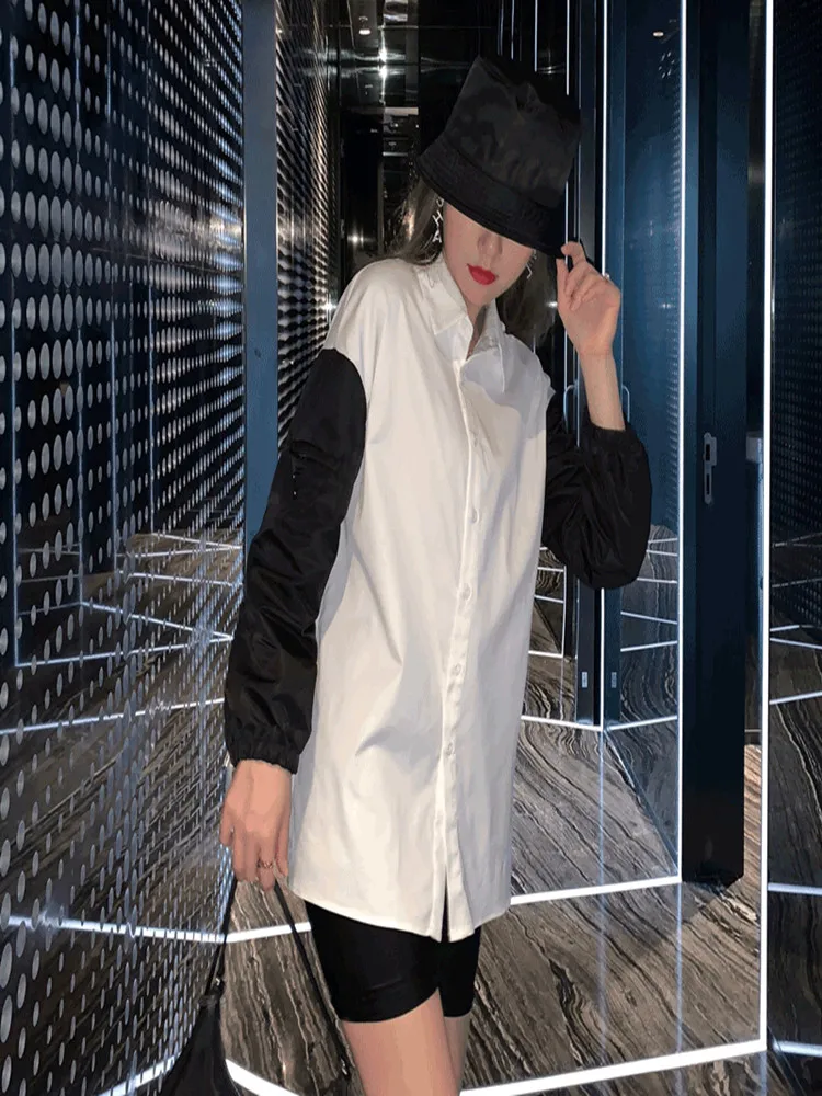 

2021 spring and summer all-match color matching sleeves drop shoulders cotton comfortable and breathable shirt women
