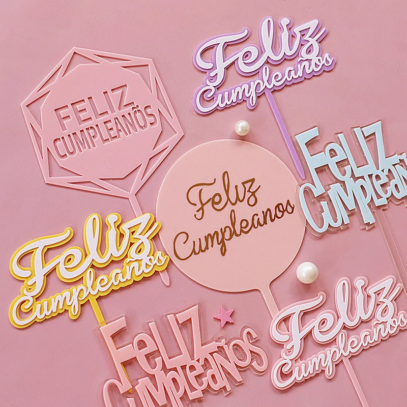 Feliz cumpleaños. Конфетный цвет Español акриловый Топпер для торта С Днем Рождения на