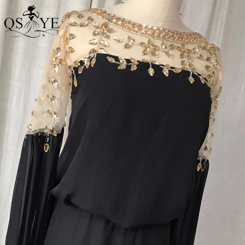 Дешевое элегантное черное платье для выпускного вечера с длинными рукавами и