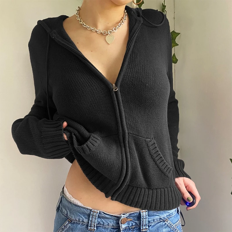 

Women Autumn Hoodies Sweater Cardigan Knit Long Sleeve Crop Top Jacket Harajuku Solid Color Zipper Front Warm Slim Fit Outwear