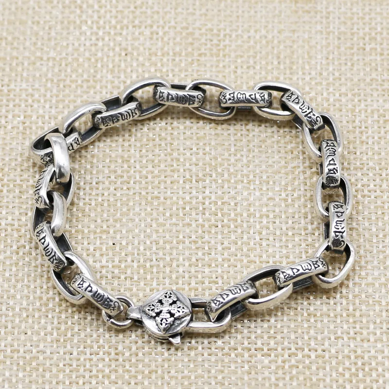 

New Buddha Bracelet Men Solid 925 Sterling Silver colour mantra Bracelets For Women High Polished Retro Black Handmade Jewelry