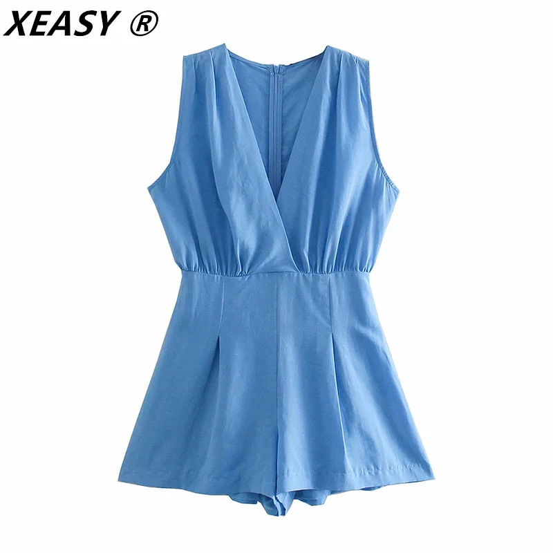 

XEASY ZA 2021 Blue Rustic Short Jumpsuit Women Vintage Sleeveless Pleated Summer Playsuit Fashion Back Zip Casual Woman Jumpsuit