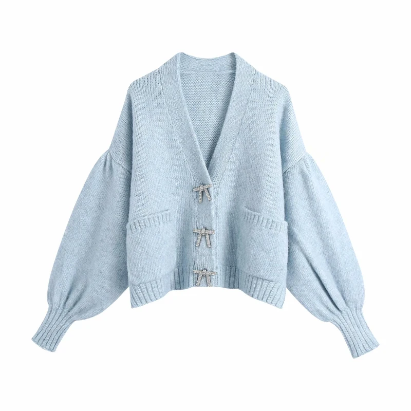 

PUWD Casual Woman Lantern Sleeve Knitted Cardigan 2021 Spring Fashion Ladies Warm Soft Sweater Female Chic Diamond Button Tops