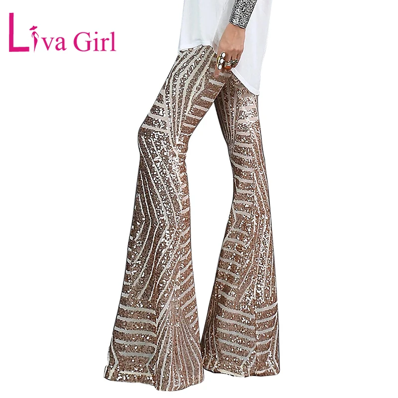 

LIVA GIRL Black/Apricot Sequin Trousers Women Sequin Wide Leg Pants Female Hight Waist Flared Pant Disco Dance Woman Long Pants