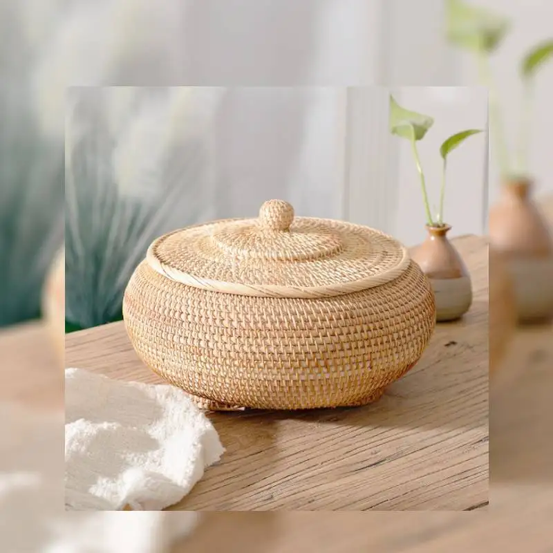 Круглый плетеный поднос с крышкой ручное плетение 11 дюймов корзина для хранения