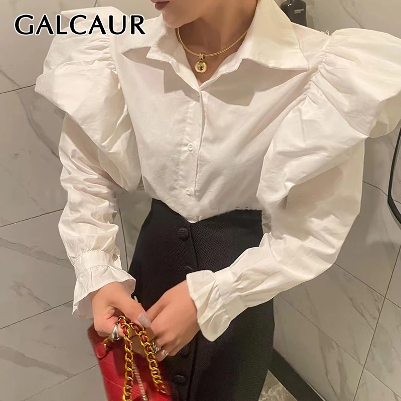 

Повседневные блузки GALCAUR для женщин, однобортная блузка с отложным воротником и длинными рукавами-фонариками, Простая прямая женская одежд...