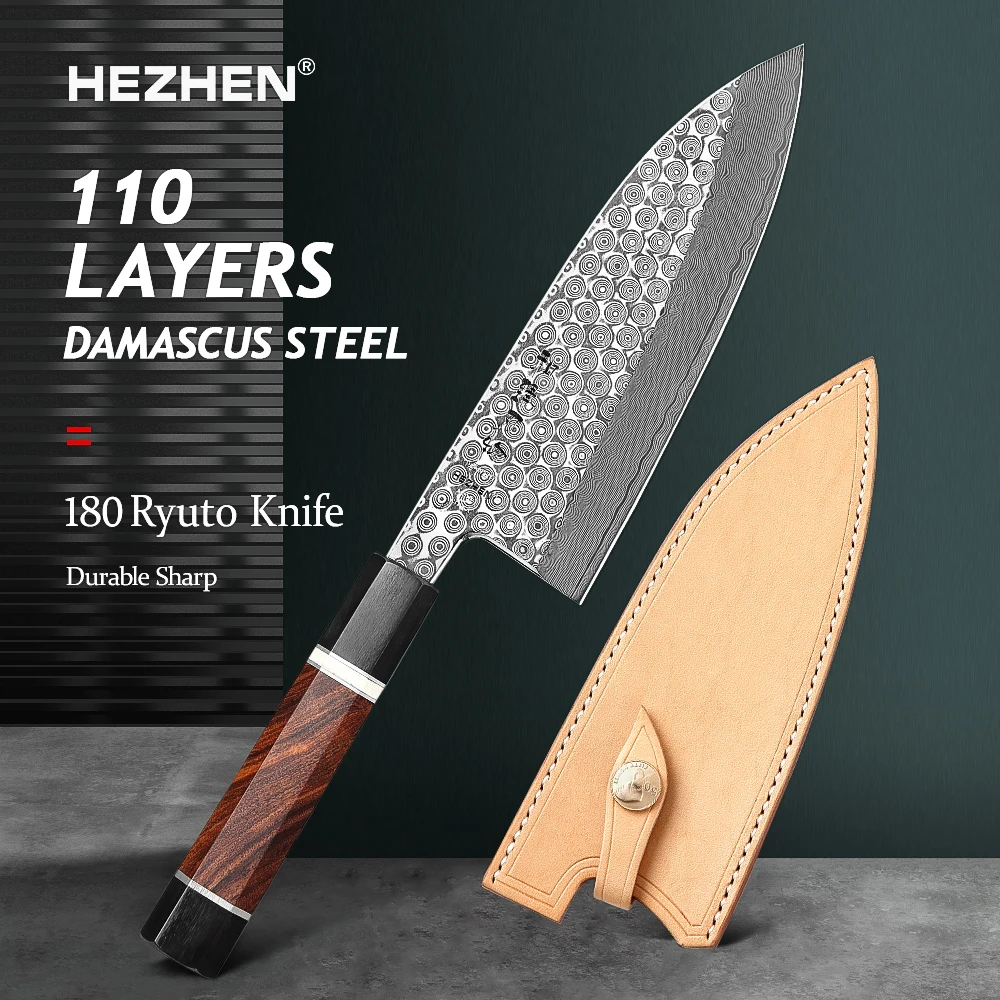 HEZHEN 180 мм гьюто Ножи 110 Слои из дамасской стали супер Сталь с круглым открытым