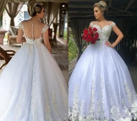2020 new arabic ball gown wedding dresses sheer neck lace appliques beaded tulle sweep train plus sheer button back formal gown