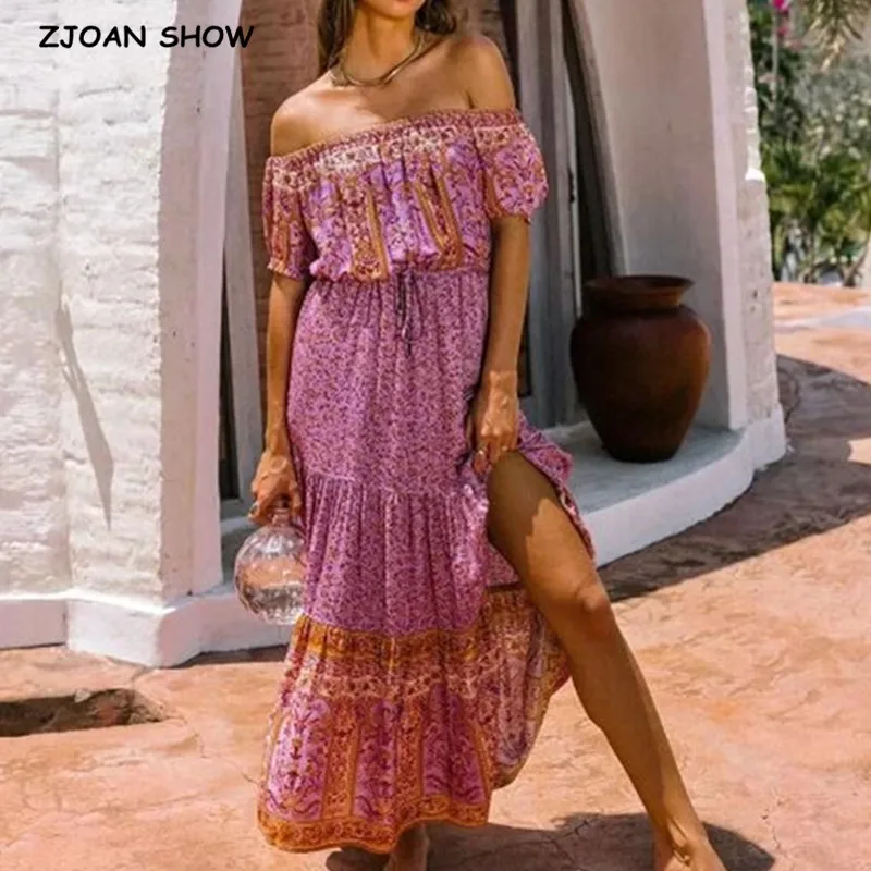 

2020 Bohemia Elastic Slash Shoulder Floral print BOHO Dress Holiday Woman lacing up Waist Short Sleeve off Shoulder Long Dresses